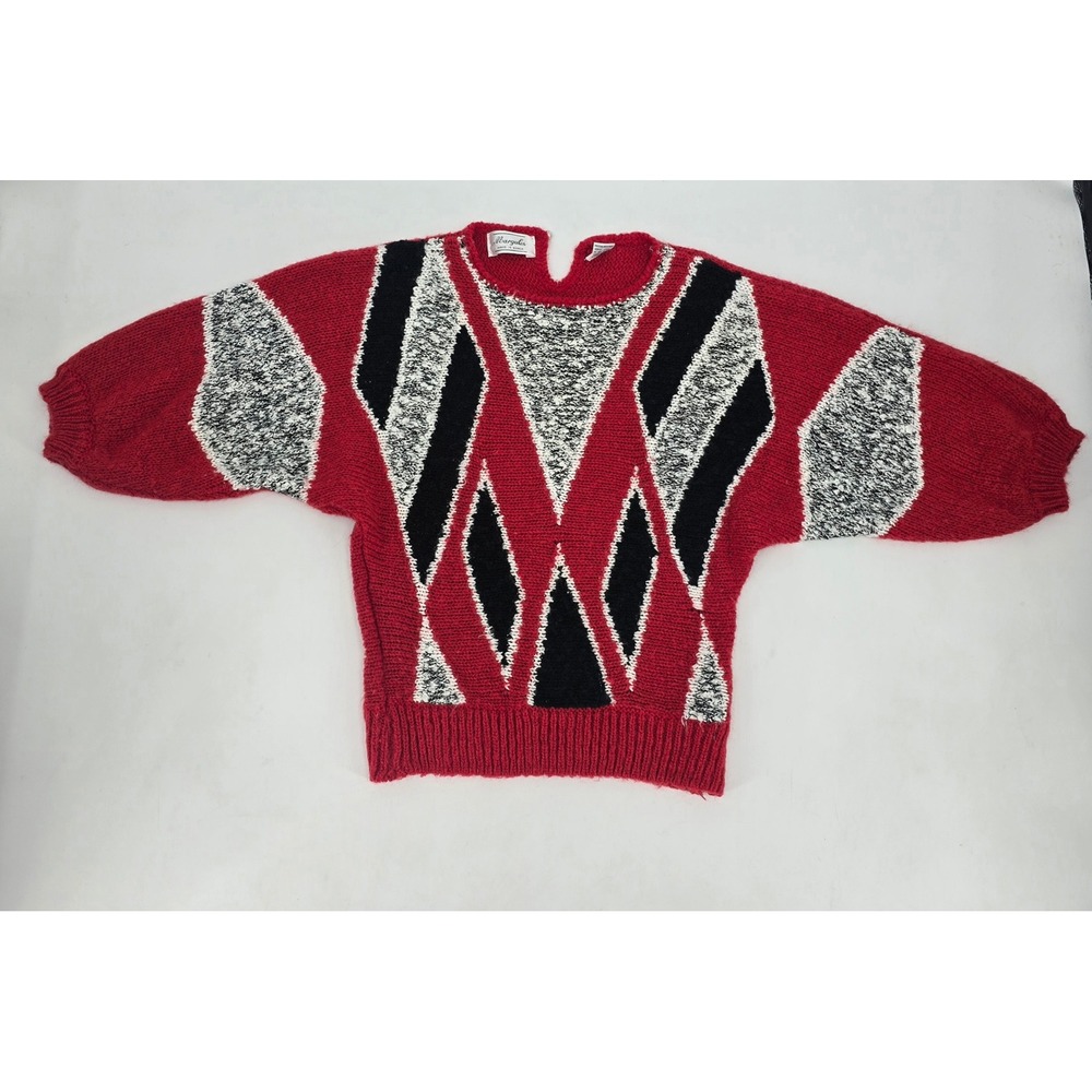Vintage Margules Red Black Geometric Abstract Statement Knit Sweater 80s Retro